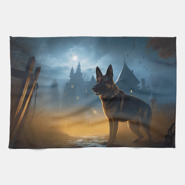German Shepherd Halloween Scary Tea Towel (Horizontal)