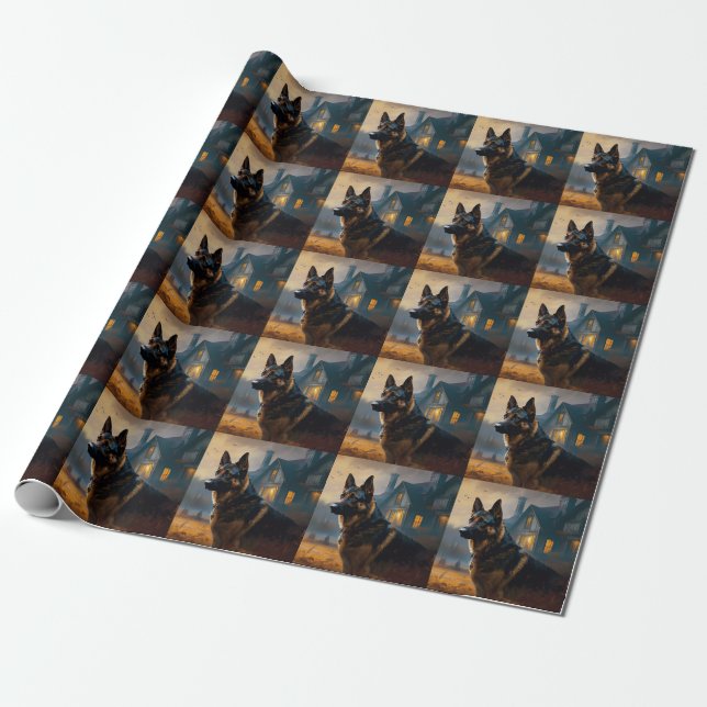German Shepherd Halloween Scary Wrapping Paper (Unrolled)