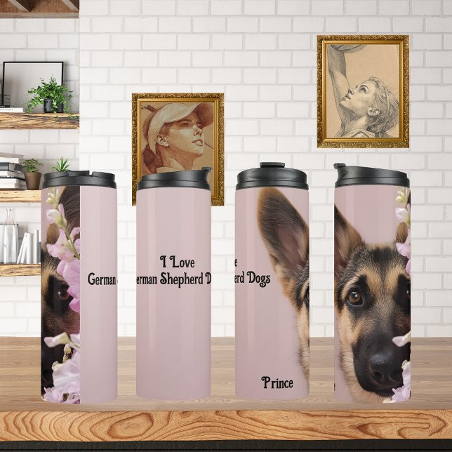 German Shepherd hiding behind flowers  Thermal Tumbler (Creator Uploaded)