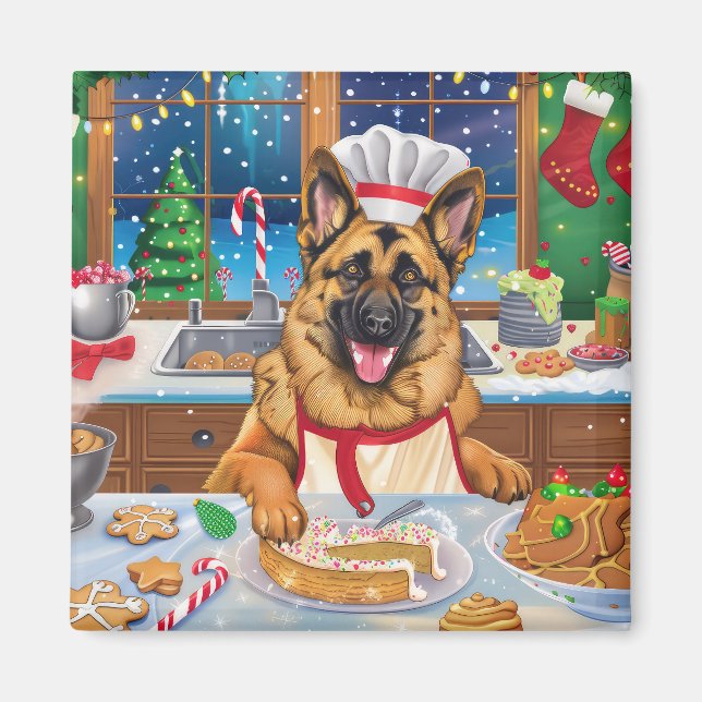 German Shepherd Holiday Baking: Festive Christmas Magnet (Front)
