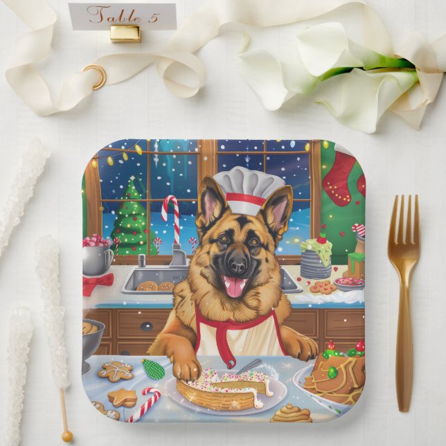 German Shepherd Holiday Baking: Festive Christmas Paper Plate (Wedding)