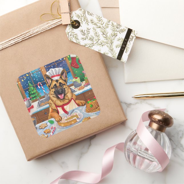 German Shepherd Holiday Baking: Festive Christmas Square Sticker (Gifting)