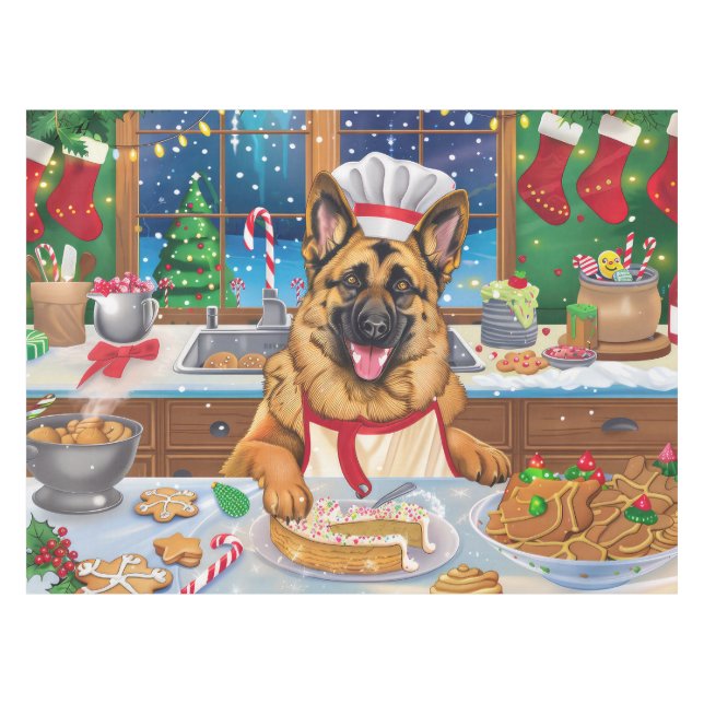 German Shepherd Holiday Baking: Festive Christmas Tablecloth (Front (Horizontal))