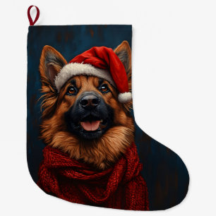 German Shepherd in a Santa Hat Large Christmas Stocking