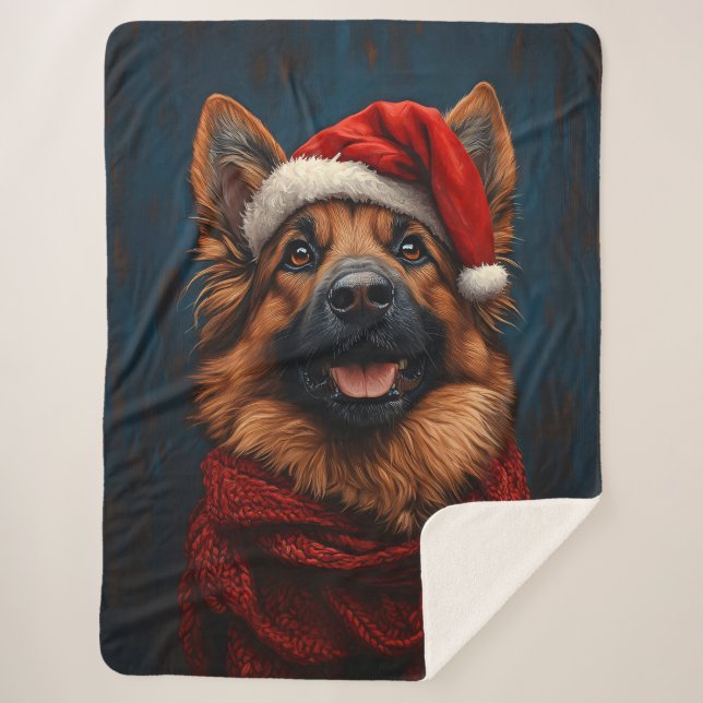 German Shepherd in a Santa Hat Sherpa Blanket (Front)