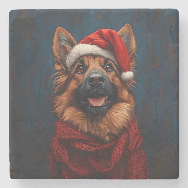 German Shepherd in a Santa Hat Stone Coaster (Front)