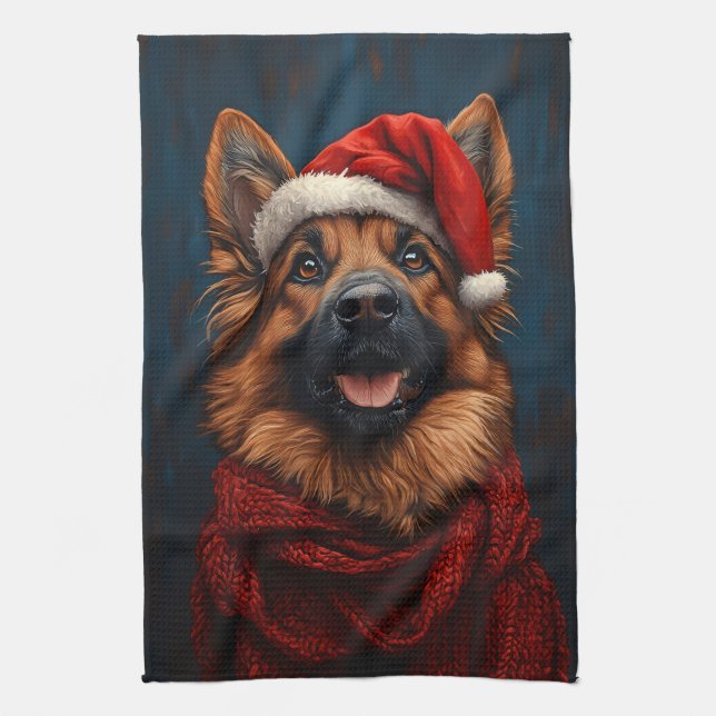 German Shepherd in a Santa Hat Tea Towel (Vertical)