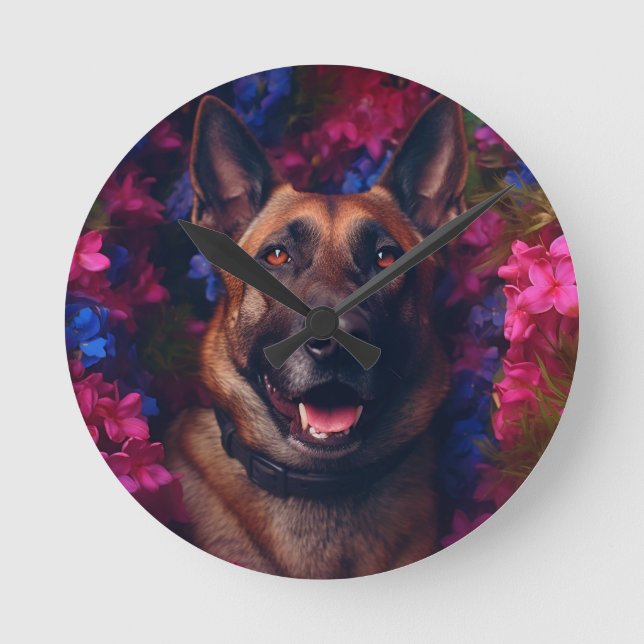 German Shepherd in a Wreath of Flowers Clock (Front)