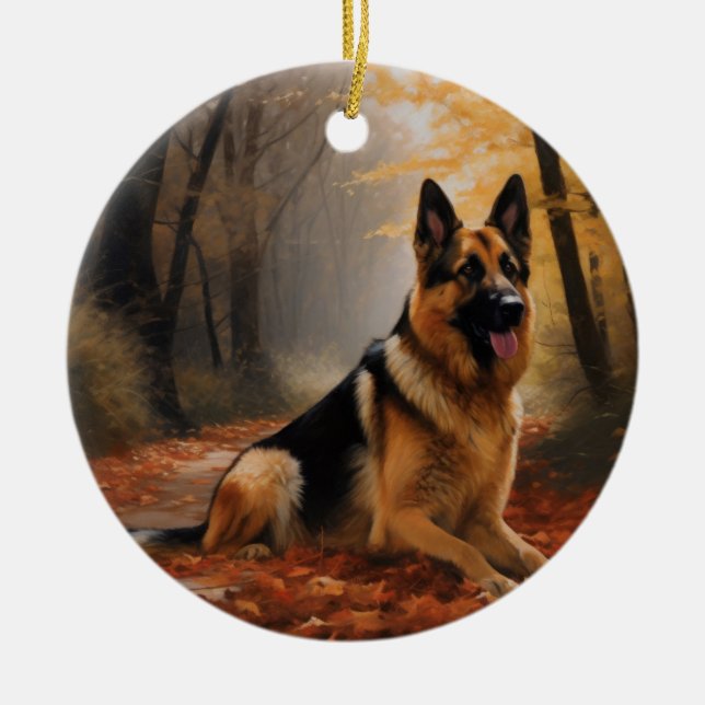 German Shepherd  in Autumn Leaves Fall Inspire  Ceramic Tree Decoration (Front)