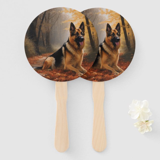 German Shepherd  in Autumn Leaves Fall Inspire  Hand Fan (Front and Back)
