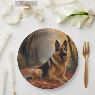 German Shepherd in Autumn Leaves Fall Inspire Paper Plate