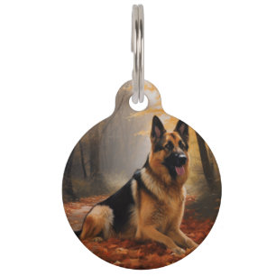 German Shepherd in Autumn Leaves Fall Inspire Pet Tag