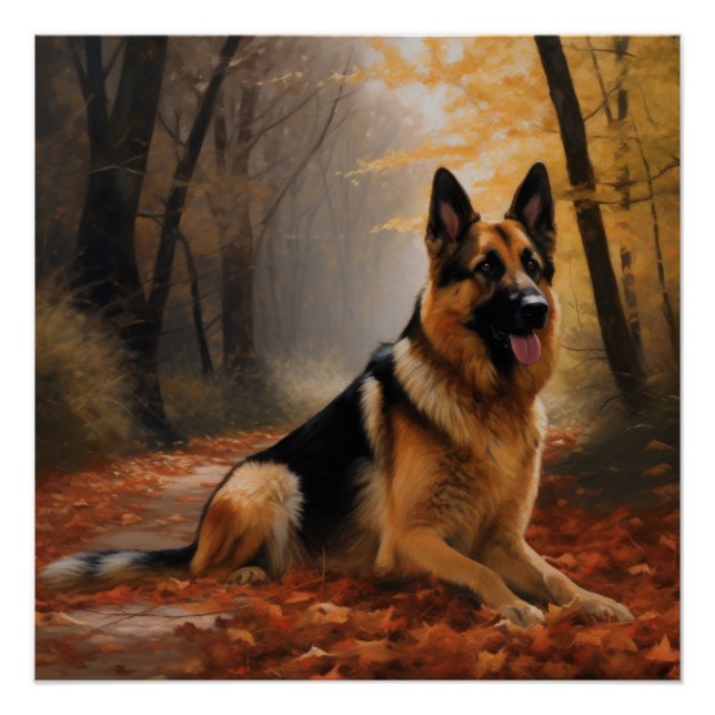 German Shepherd  in Autumn Leaves Fall Inspire  Poster (Front)