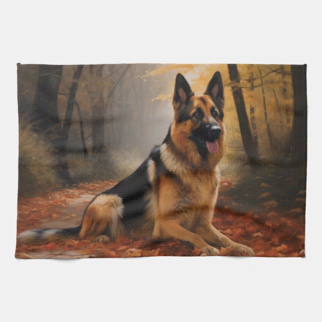 German Shepherd  in Autumn Leaves Fall Inspire  Tea Towel (Horizontal)