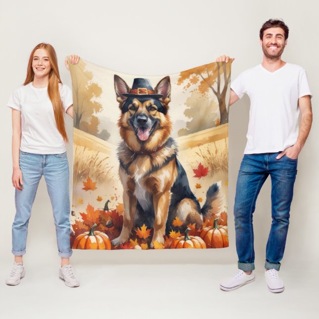 German Shepherd In Autumn Leaves Thanksgiving Art Fleece Blanket (In Situ)