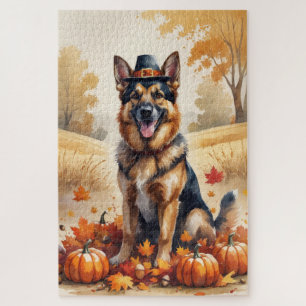 German Shepherd In Autumn Leaves Thanksgiving Art Jigsaw Puzzle