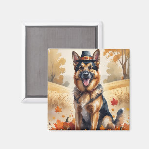 German Shepherd In Autumn Leaves Thanksgiving Art Magnet