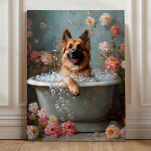 German Shepherd in Bath – Whimsical Floral Canvas Print