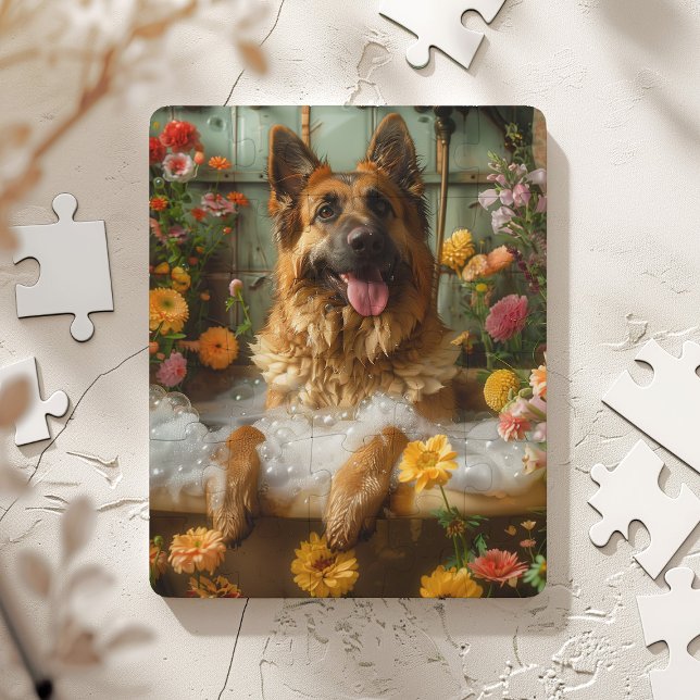 German Shepherd in Bathtub | German Shepherd Gift  Jigsaw Puzzle (Whimsical German Shepherd in a beautiful bathroom filled with flowers)