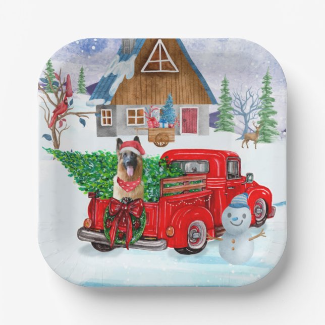 German Shepherd In Christmas Delivery Truck Snow  Paper Plate (Front)