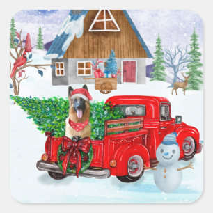German Shepherd In Christmas Delivery Truck Snow Square Sticker