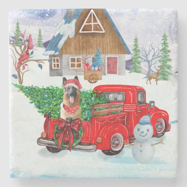 German Shepherd In Christmas Delivery Truck Snow  Stone Coaster (Front)