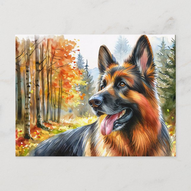 German Shepherd in Fall Watercolor Postcard (Front)