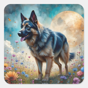 German Shepherd in Floral Field Square Sticker