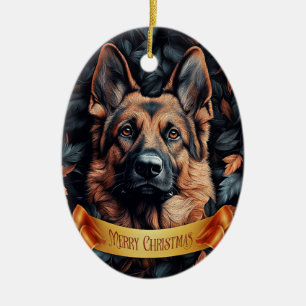 German Shepherd in Leaves Ceramic Tree Decoration
