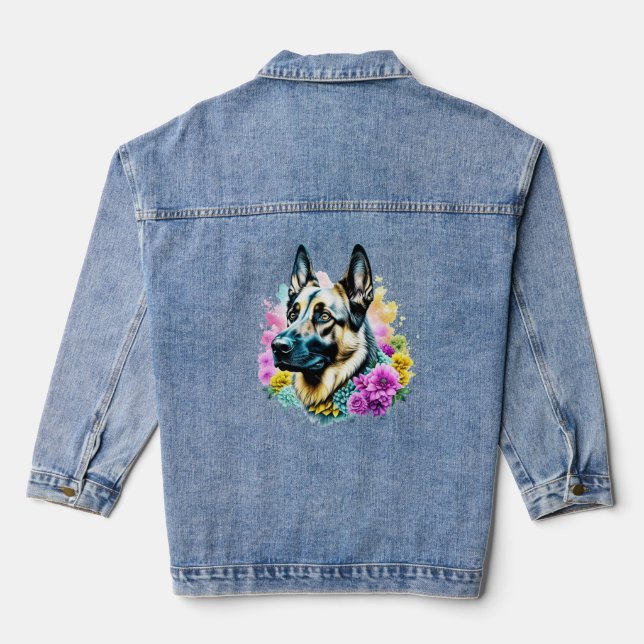 German Shepherd in Pink and Yellow Flowers Denim Jacket (Back)