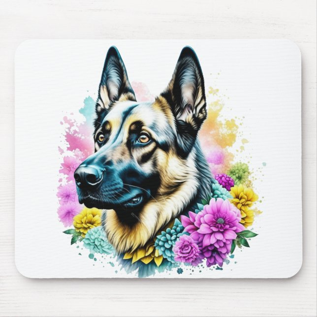 German Shepherd in Pink and Yellow Flowers Mouse Mat (Front)