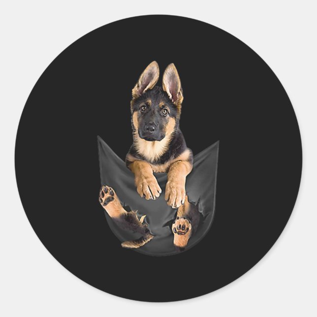 German Shepherd In Pocket T-Shirt Funny Dog Lover Classic Round Sticker (Front)