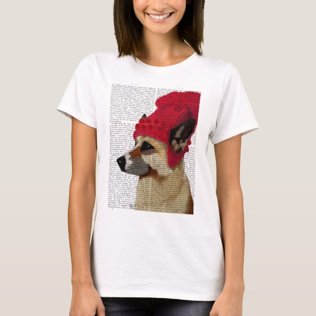 German Shepherd in Red Woolly Hat T-Shirt (Front)