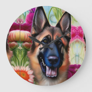 German Shepherd in the Garden Large Clock