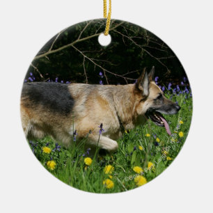 German Shepherd in Yellow Flowers Ceramic Tree Decoration