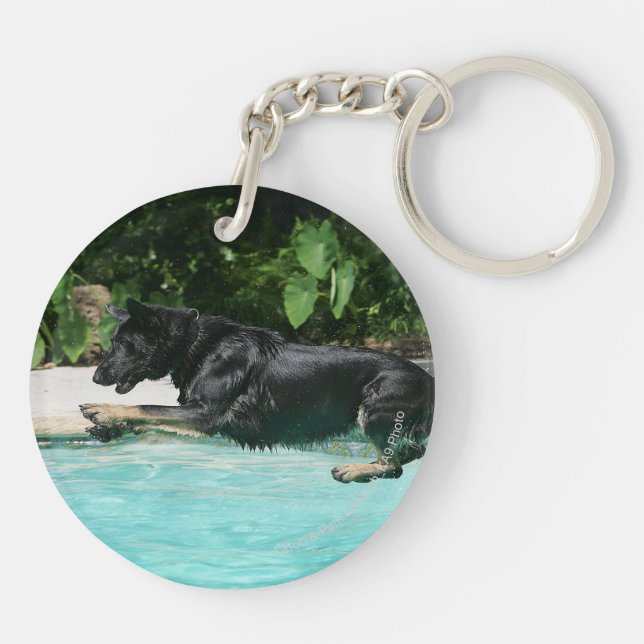 German Shepherd Jumping in Water Key Ring (Back)