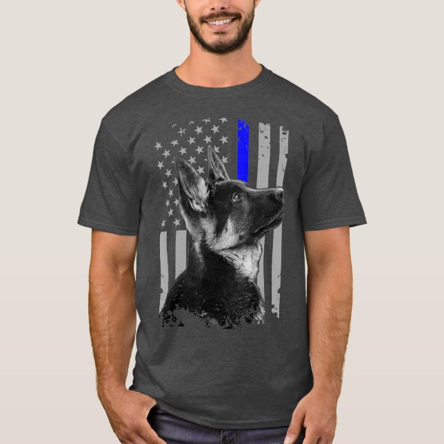 German Shepherd K9 Unit Thin Blue Line Flag Gift T-Shirt (Front)