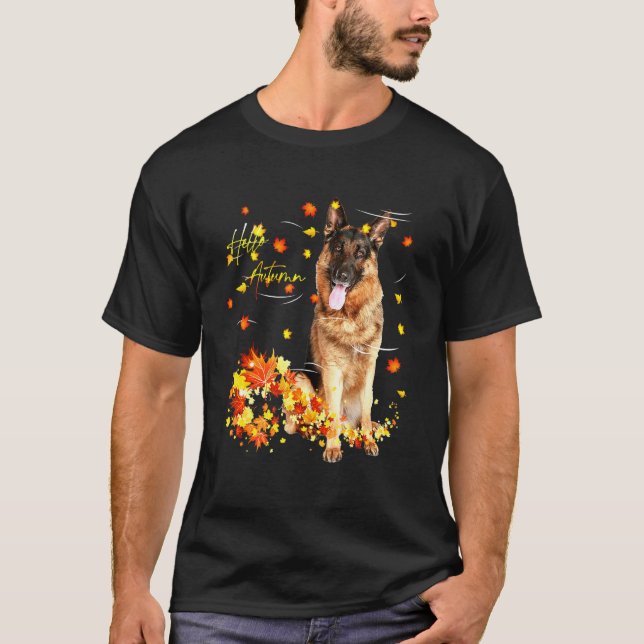 German Shepherd Leaf Fall Hello Autumn For Dog T-Shirt (Front)