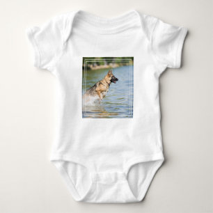 German Shepherd Leaps Into Water Baby Bodysuit