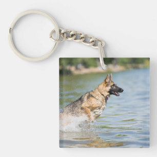 German Shepherd Leaps Into Water Key Ring