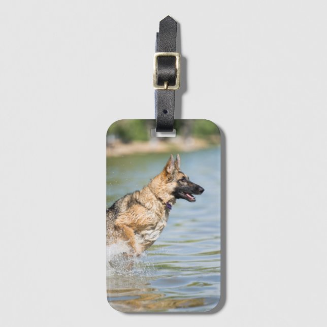 German Shepherd Leaps Into Water Luggage Tag (Front Vertical)
