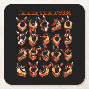 German Shepherd Many Faces Square Paper Coaster