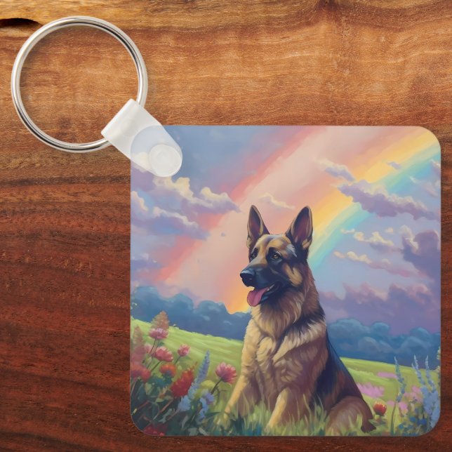 German Shepherd Memorial Custom Dog Name Rainbow Key Ring (Front)
