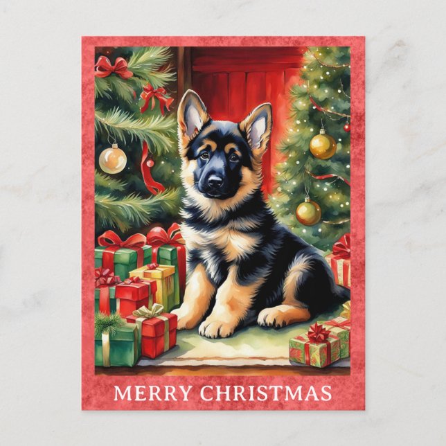 German Shepherd Merry Christmas Cute Puppy Dog Postcard (Front)