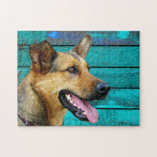 German Shepherd Mix DogTeal Wood Jigsaw Puzzle