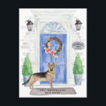 German Shepherd Moving Announcement Postcard<br><div class="desc">Announce your new address with our stylish announcement featuring a German Shepherd,  blue front door,  welcome mat,  slate sign,  topiaries and a floral wreath set on a grey brick background.</div>