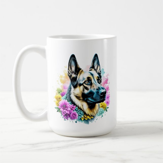 German Shepherd Mum Pink and Yellow Flowers Coffee Mug (Left)