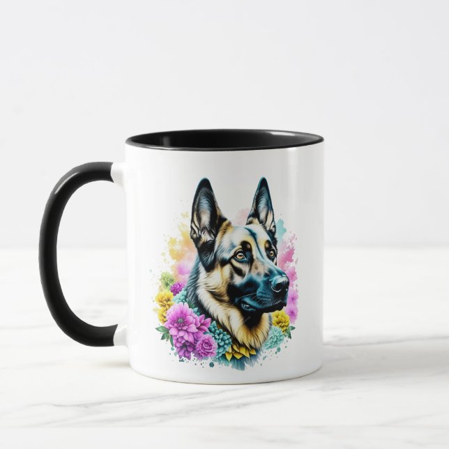 German Shepherd Mum Pink and Yellow Flowers Mug (Left)