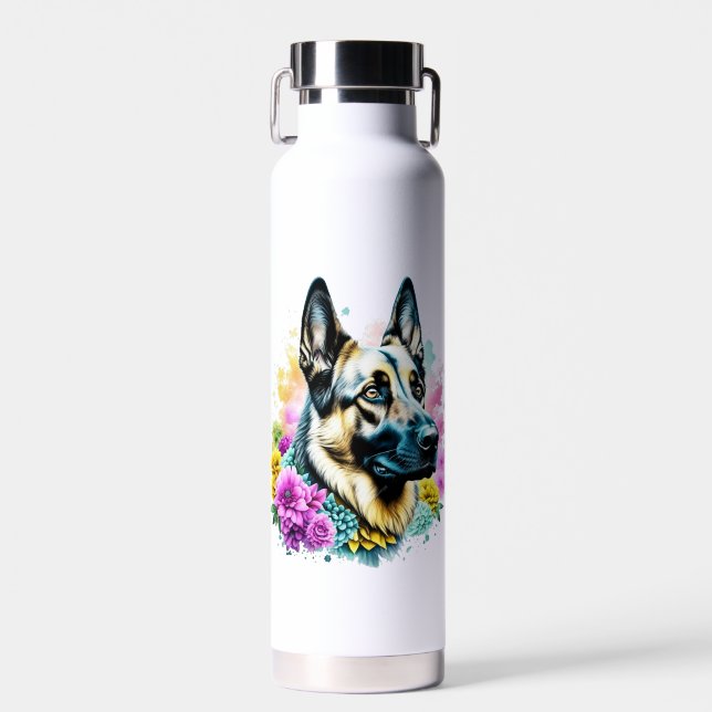 German Shepherd Mum Pink and Yellow Flowers Water Bottle (Front)