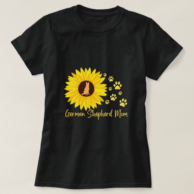 German Shepherd Mum with Sunflower and Paw Prints T-Shirt (Design Front)